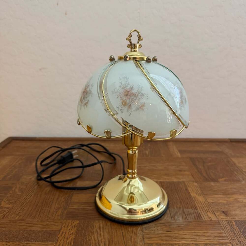 Vintage Floral Segmented Curved Glass Globe Touch Table Lamp with Brass Base